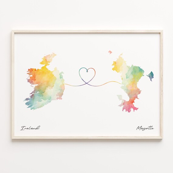 Ireland To Mayotte Watercolor Countries Heart Map Connection Art Print
