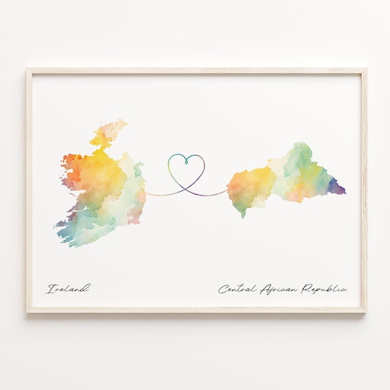 Ireland To Central African Republic Watercolor Map Heart Poster