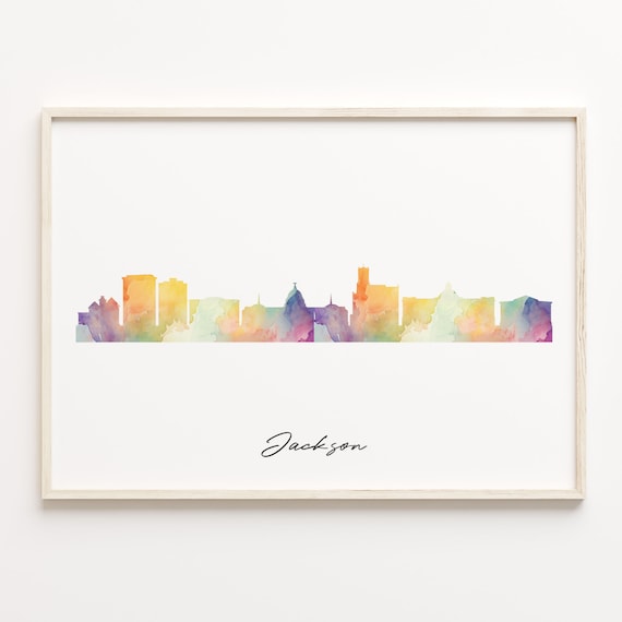 Jackson Watercolor Skyline Cityscape USA Travel Poster Gift Art