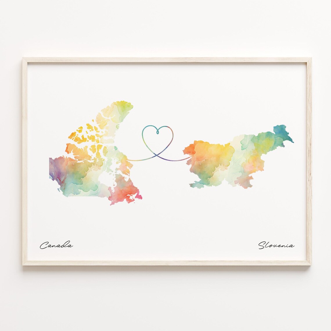 Canada To Slovenia Watercolor Heart Map Long Distance Love Wall Art