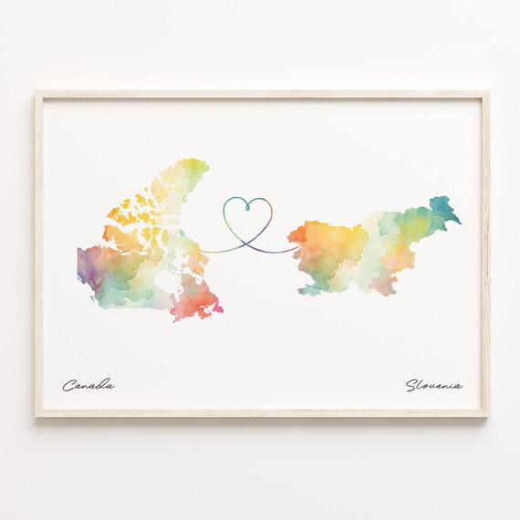 Canada To Slovenia Watercolor Heart Map Long Distance Love Wall Art
