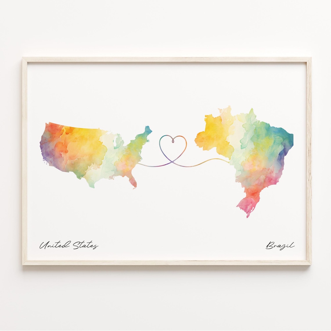 Us to Brazil Watercolor Map Poster Print