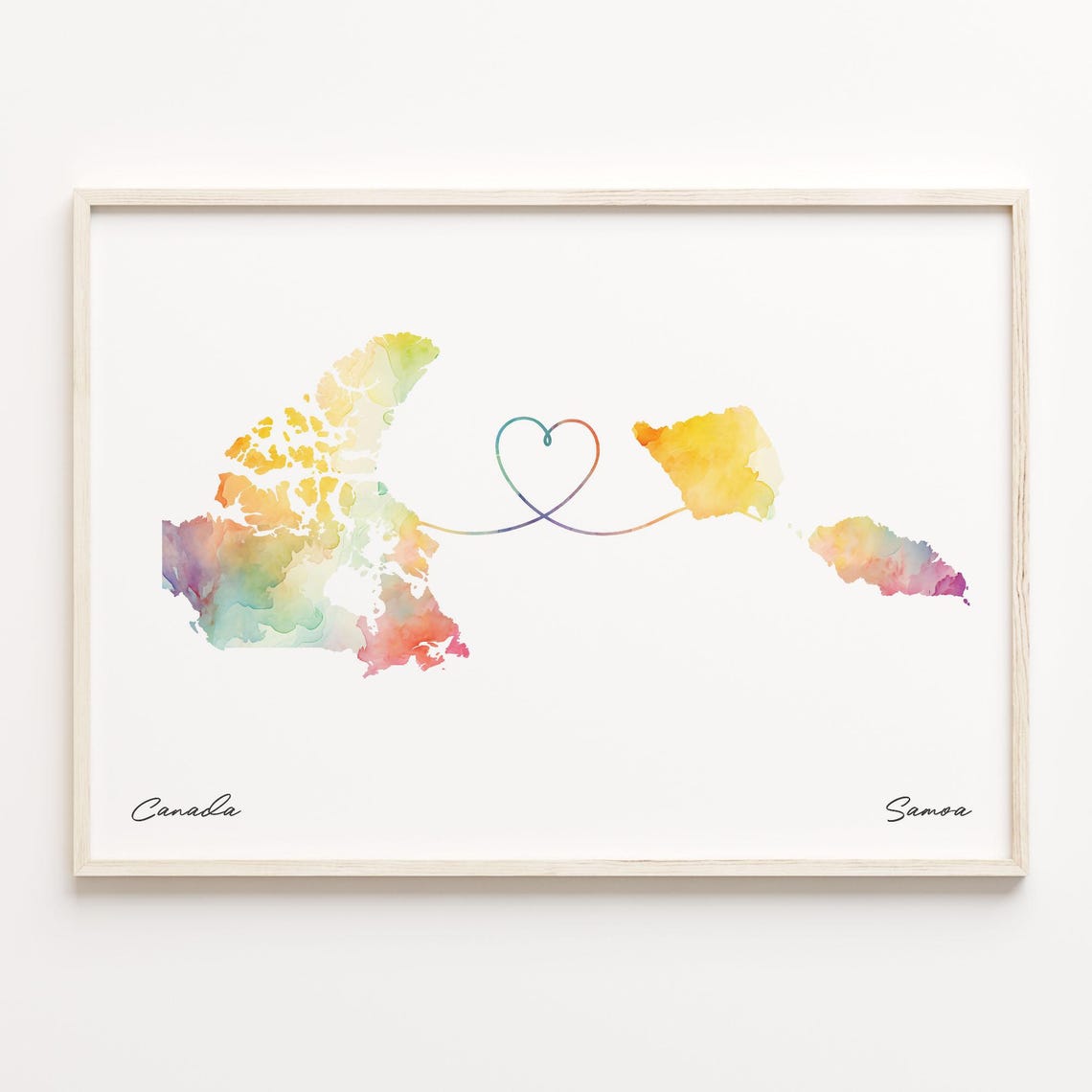 Canada to Samoa Watercolor Heart Map Long Distance Love Poster