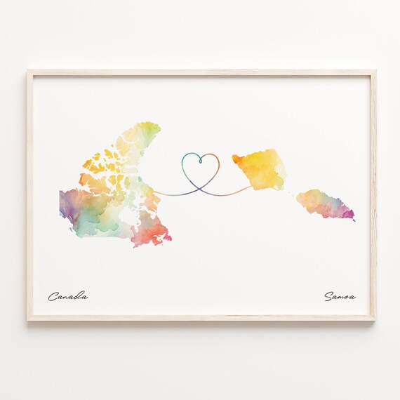 Canada to Samoa Watercolor Heart Map Long Distance Love Poster