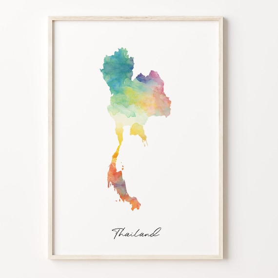 Thailand Watercolor Country Map Rainbow Wash Script Title Poster