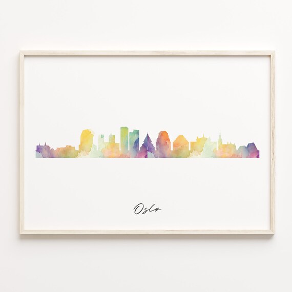 Oslo Norway Skyline Watercolor Rainbow Cityscape Travel Art Poster