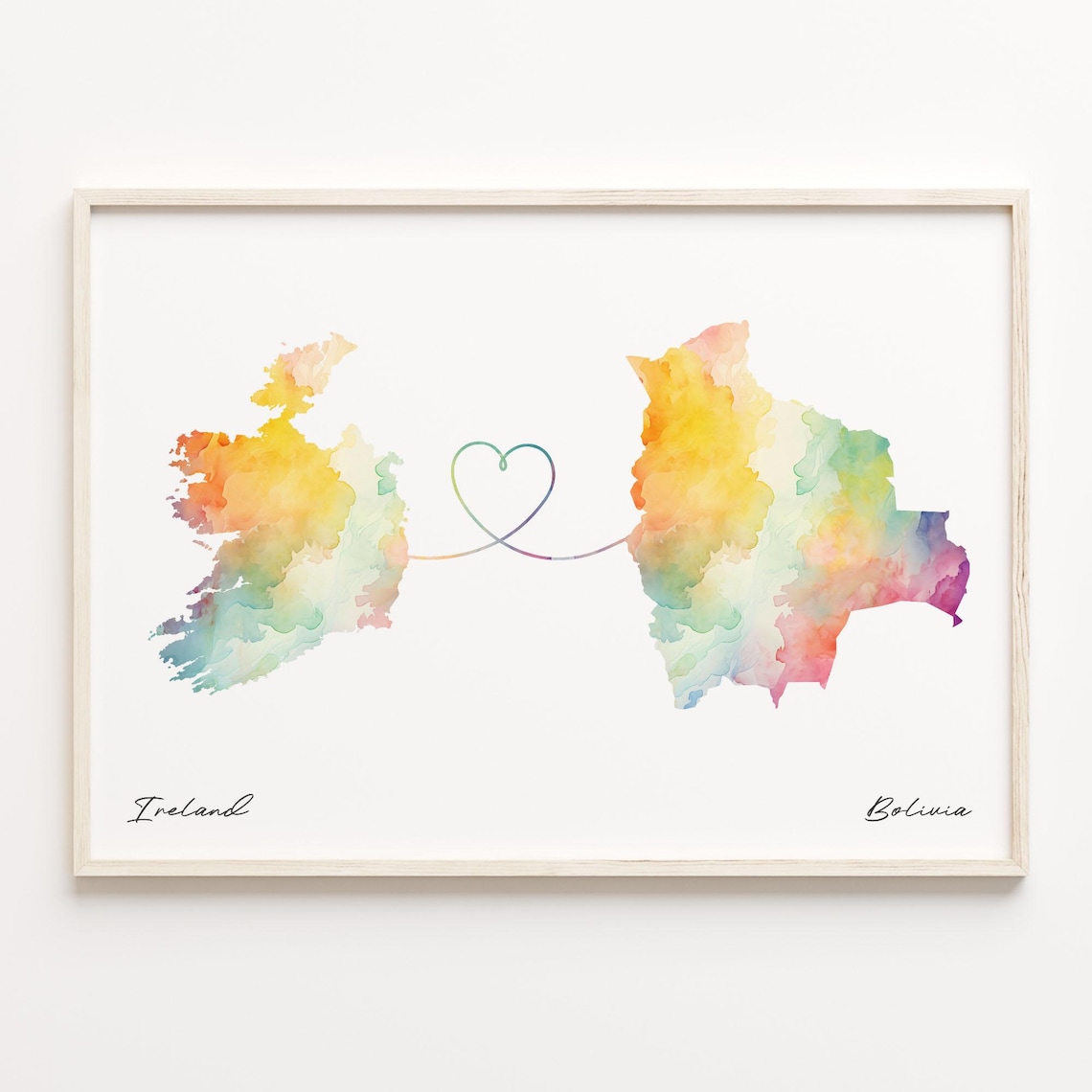 Ireland to Bolivia Watercolor Heart Map Love Connection Poster