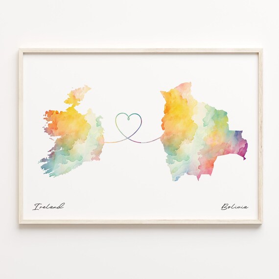 Ireland to Bolivia Watercolor Heart Map Love Connection Poster