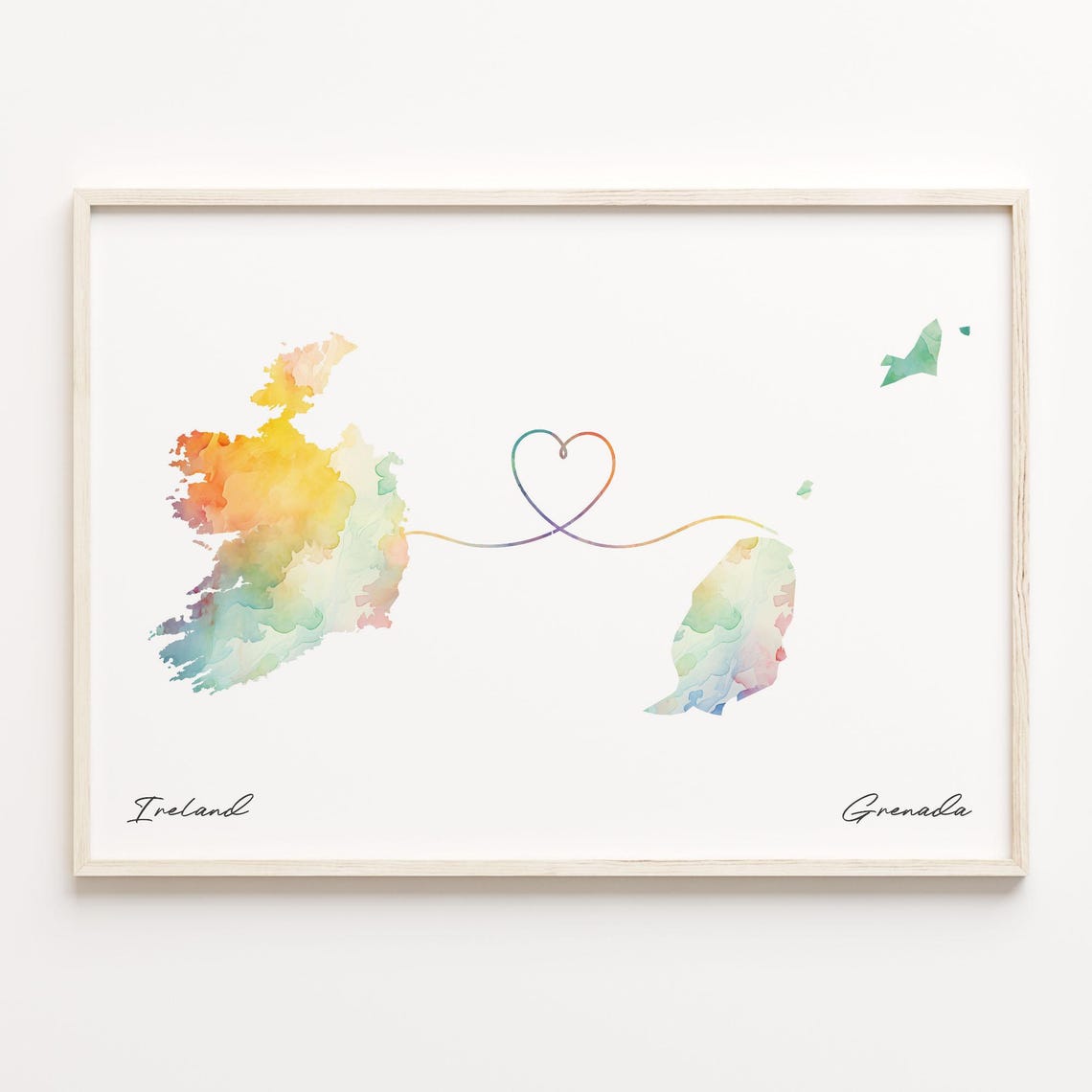 Ireland to Grenada Watercolor Heart Map Long Distance Love Print