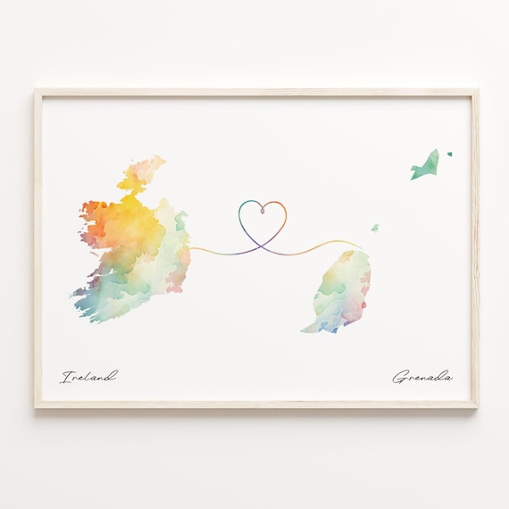 Ireland to Grenada Watercolor Heart Map Long Distance Love Print