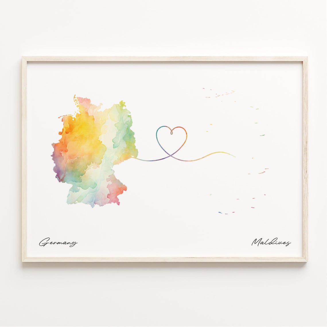 Germany to Maldives Romantic Watercolor Map Heart Connection Poster