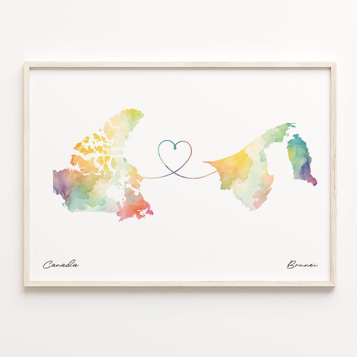 Canada to Brunei Watercolor Map Poster Heart Line Long Distance Gift