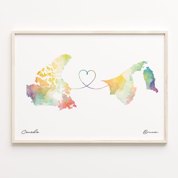 Canada to Brunei Watercolor Map Poster Heart Line Long Distance Gift