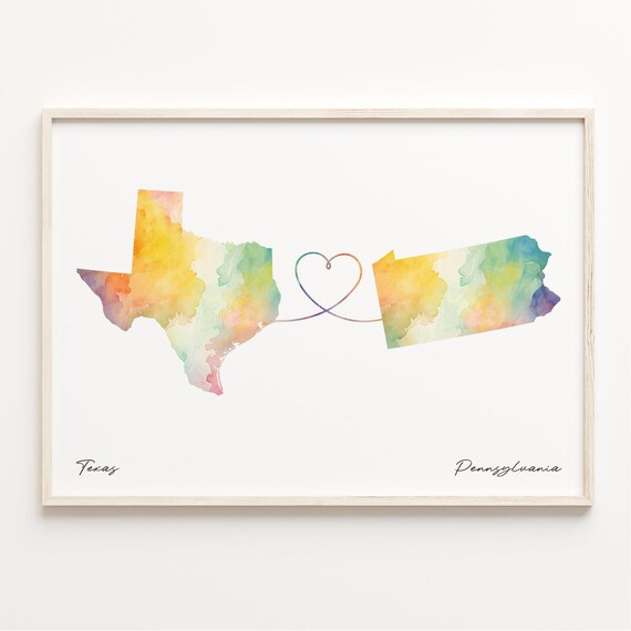 Texas To Pennsylvania Watercolor Heart Line State Map Love Gift Print