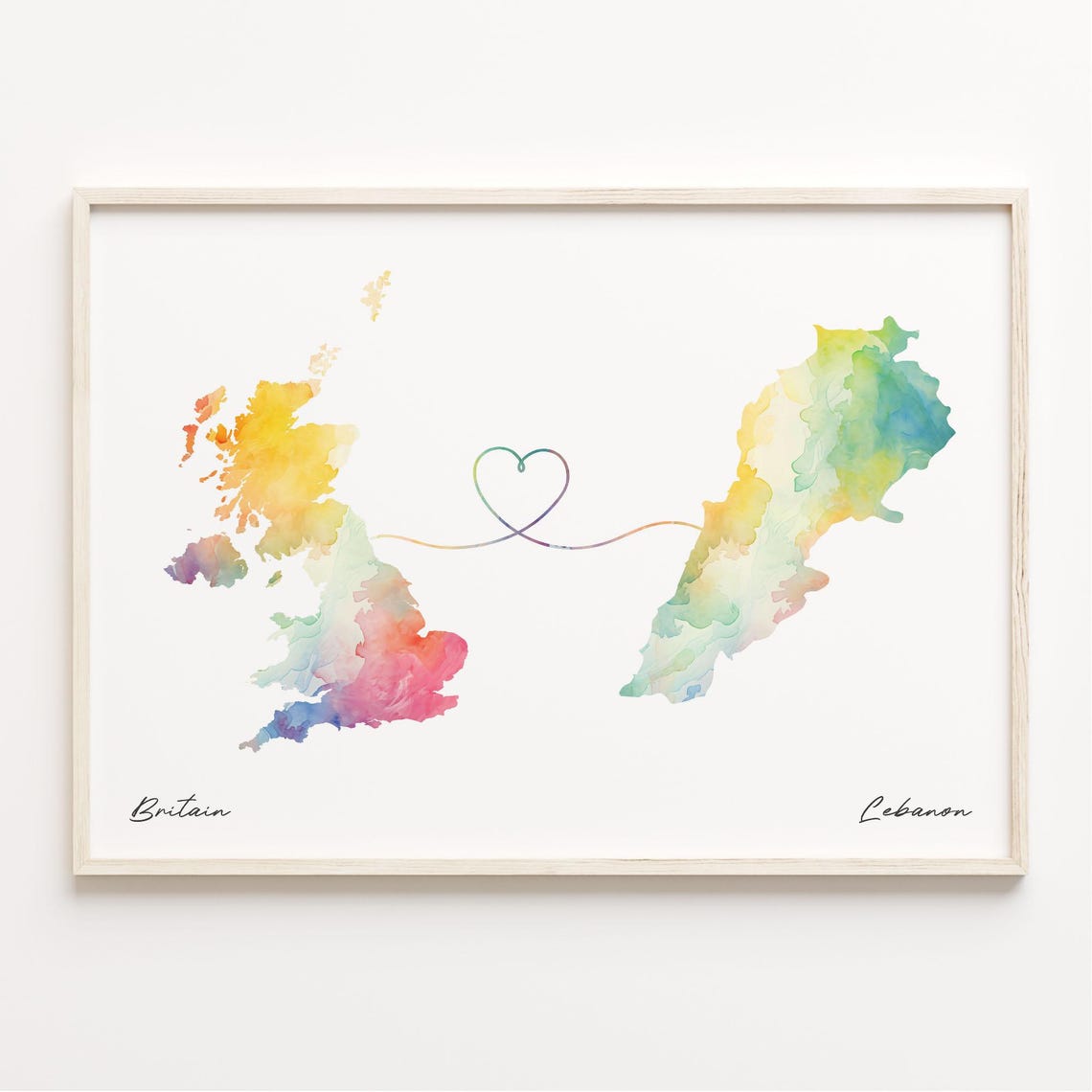 Britain To Lebanon Watercolor Map Print Heart Line Moving Away Gift