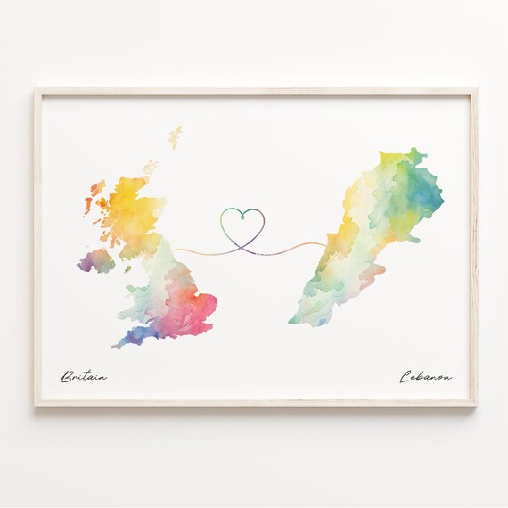Britain To Lebanon Watercolor Map Print Heart Line Moving Away Gift