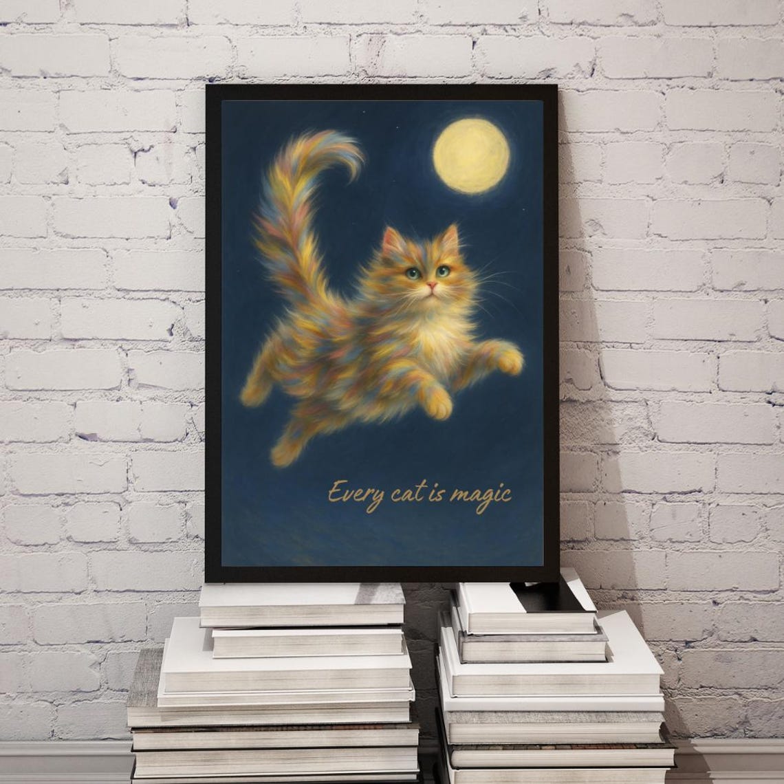 Dreamy Flying Cat Under Moon Every Cat Is Magic Quote Wall Art