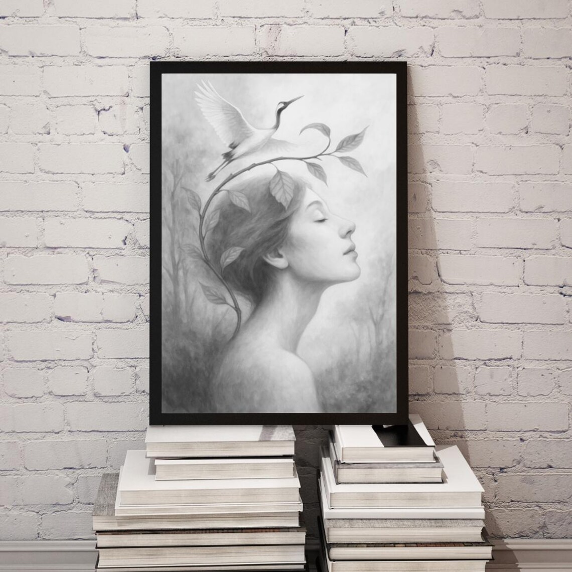Woman and Crane Pencil Sketch Wildlife Branch Portrait Print