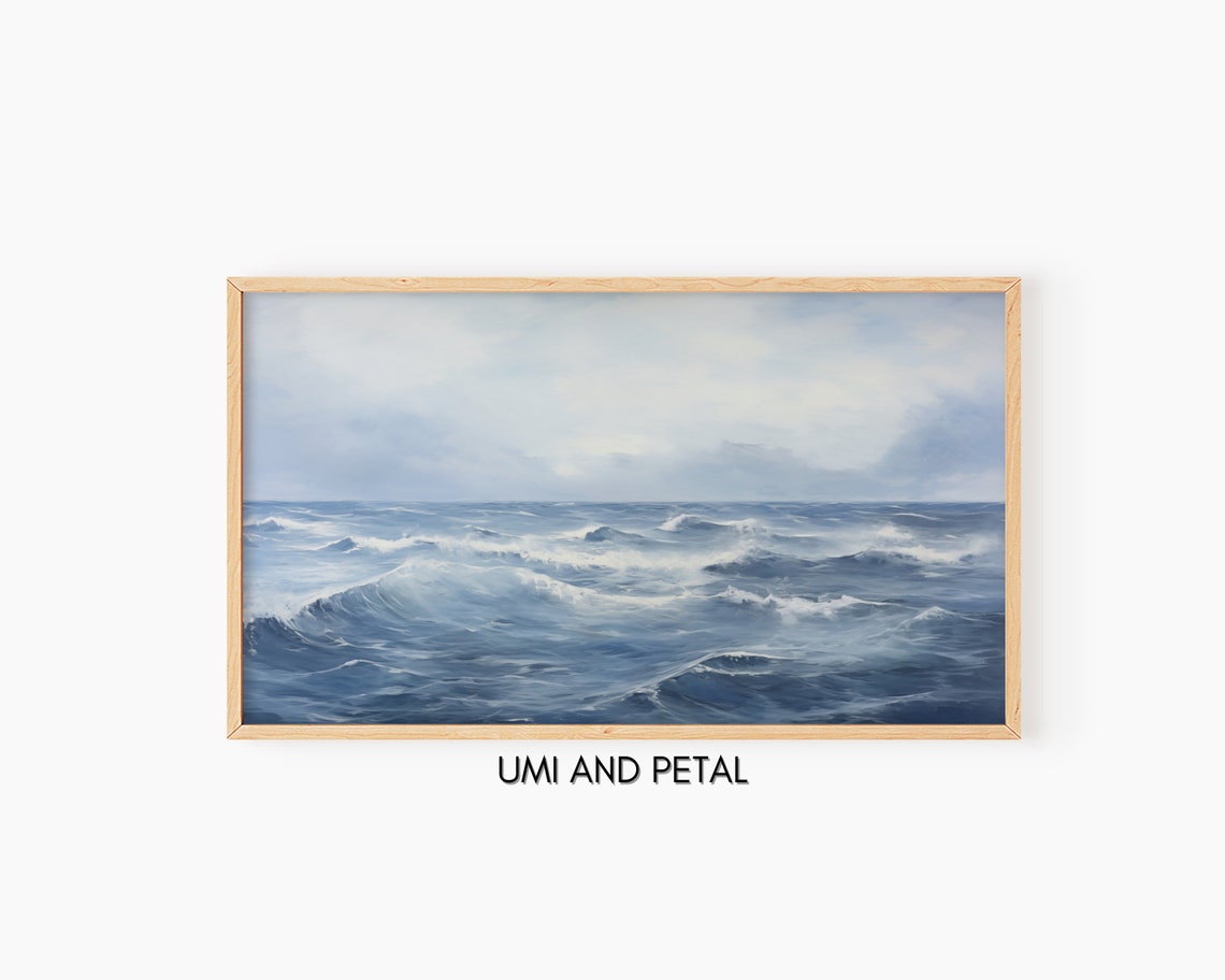 Rolling Blue Ocean Waves Bright Cloudy Sky Seascape Painting Poster