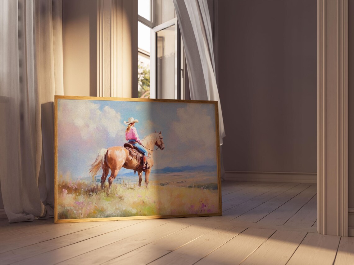 Cowgirl Riding a Palomino Horse Across a Sunny Prairie Poster - Image 4