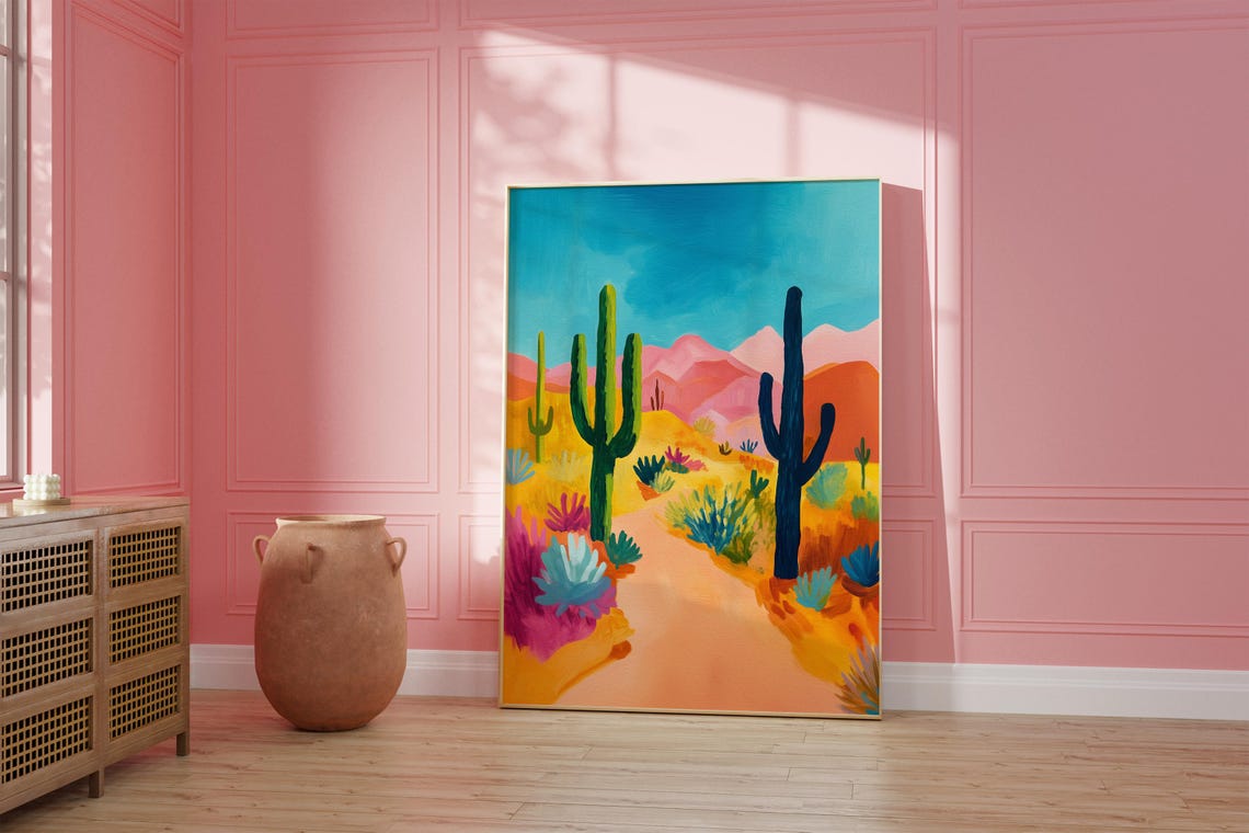Bold Abstract Desert with Saguaro Cacti and Pink Mountains Poster - Image 4