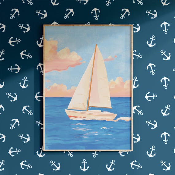 Nursery Sailboat Wall Art Kids Room Print Blue Children Room Wall Decor Nautical Landscape Coastal Artwork