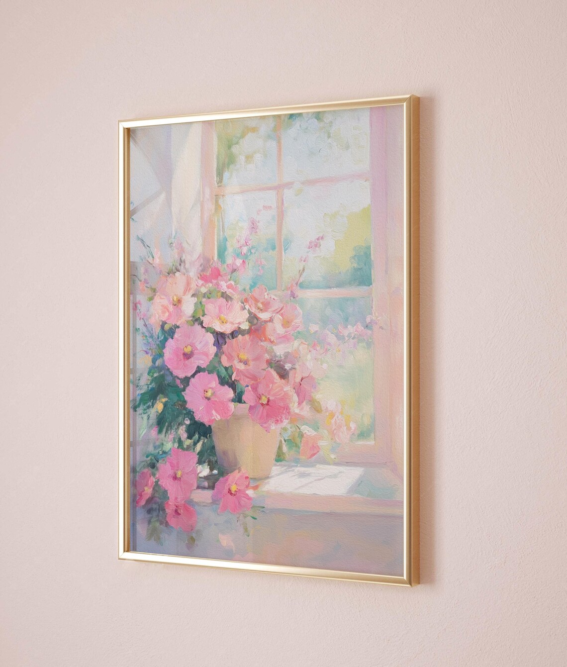 Pink Cosmos Flowers on a Sunny Windowsill Watercolor Painting Poster - Image 5