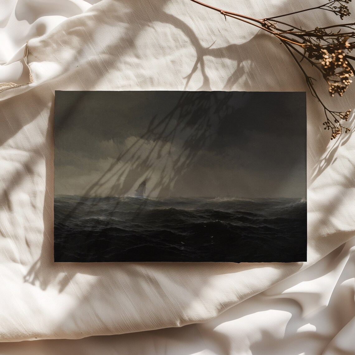 Moody Dark Stormy Seascape Antique Tall Ship Oil Painting Poster - Image 5