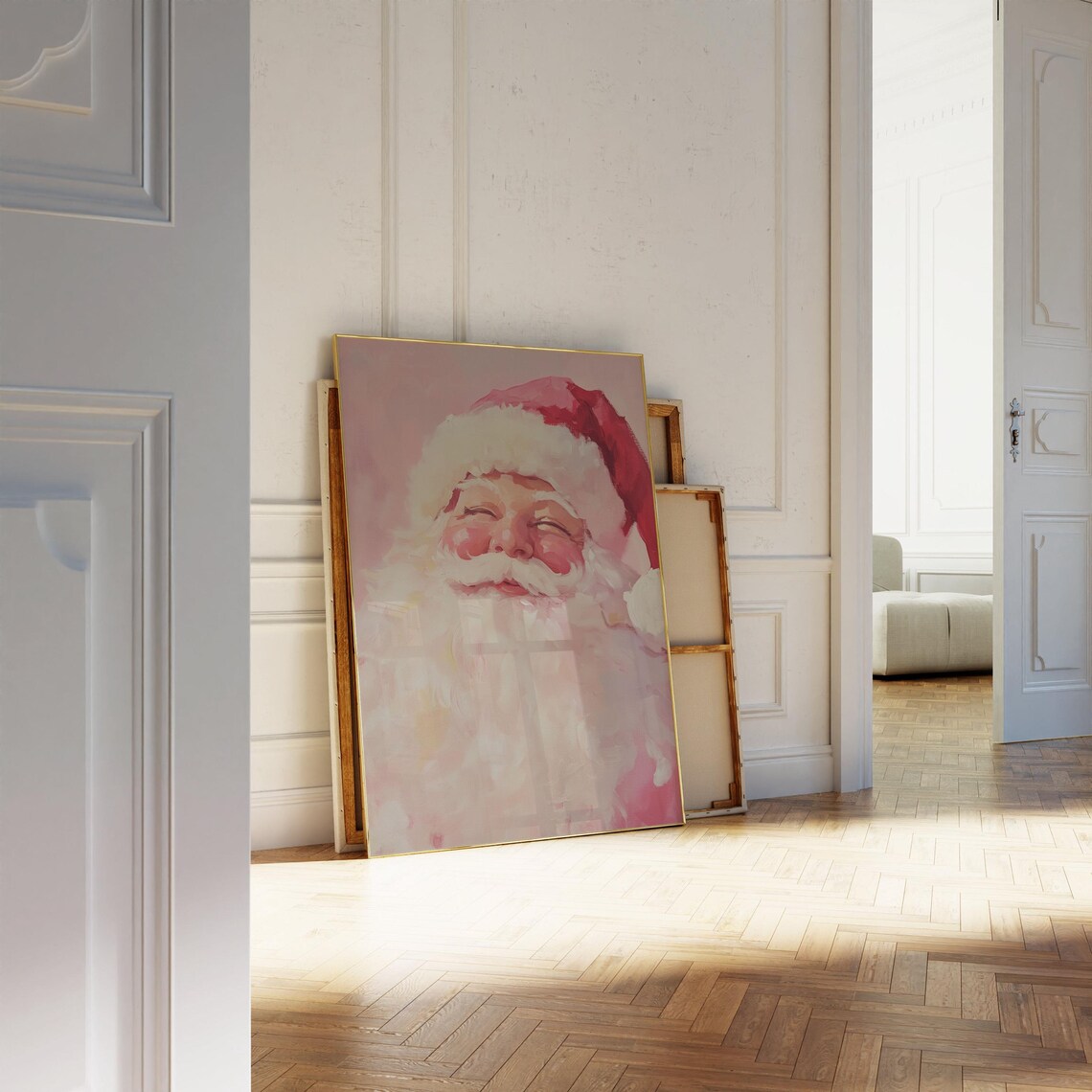 Pink Santa Claus Painting, Winter Holiday Art Print - Image 2