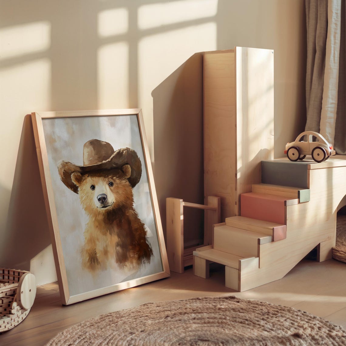 Cute Bear Cub Cowboy Hat Watercolor Nursery Western Kids Room Poster - Image 2