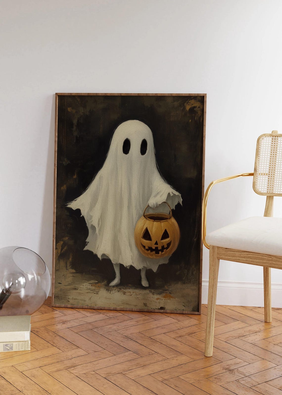 Cute Ghost Holding Jack O Lantern Vintage Halloween Painting Poster - Image 3