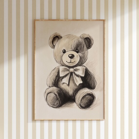 Nursery Teddy Bear With Bow Beige Sketch Kids Room Cuddly Toy Poster