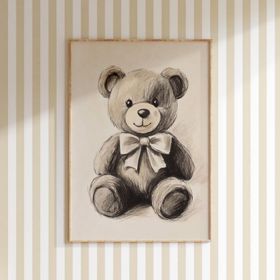 Nursery Teddy Bear With Bow Print Kids Room Wall Decor Beige Children Room Wall Art Toys Animal Artwork Baby Room Art