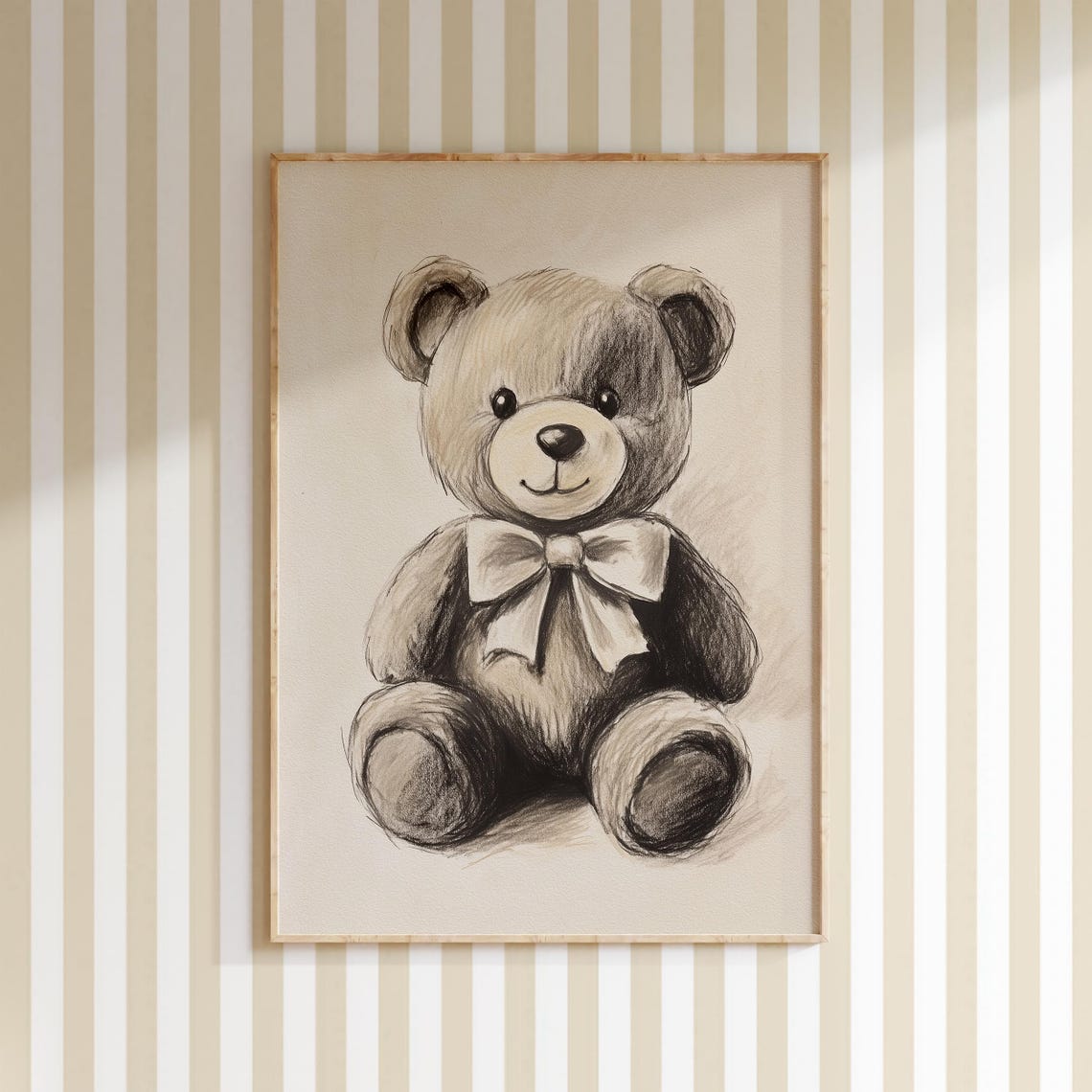 Nursery Teddy Bear With Bow Beige Sketch Kids Room Cuddly Toy Poster