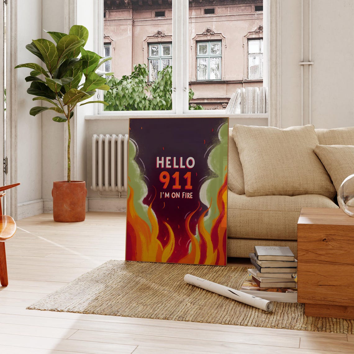 Hello 911 Im On Fire Funny Quote Poster with Bold Flames Typography - Image 2