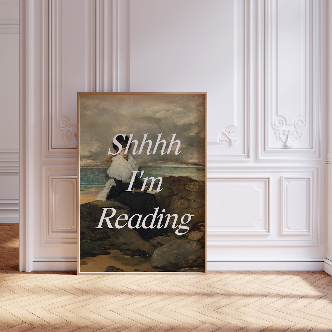 Shhhh I Am Reading Altered Vintage Painting Book Lover Quote Poster - Image 4