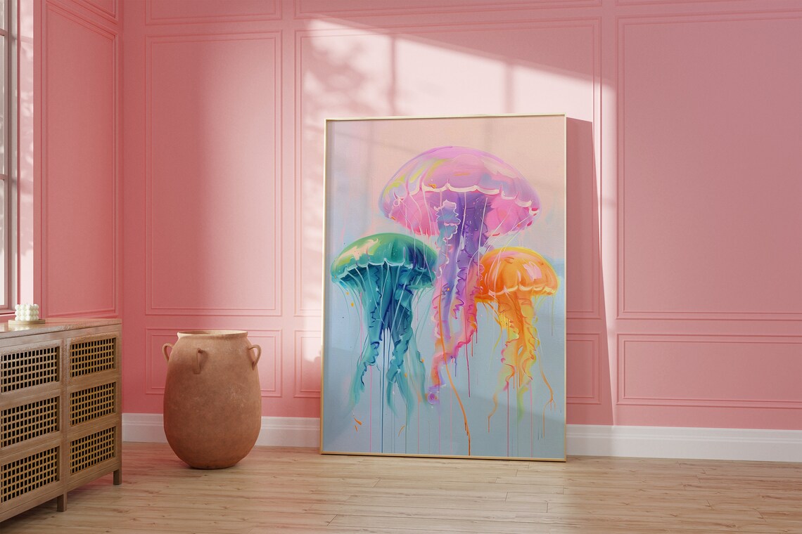 Colorful Jellyfish Trio Neon Ocean Painting Underwater Decor Poster - Image 5