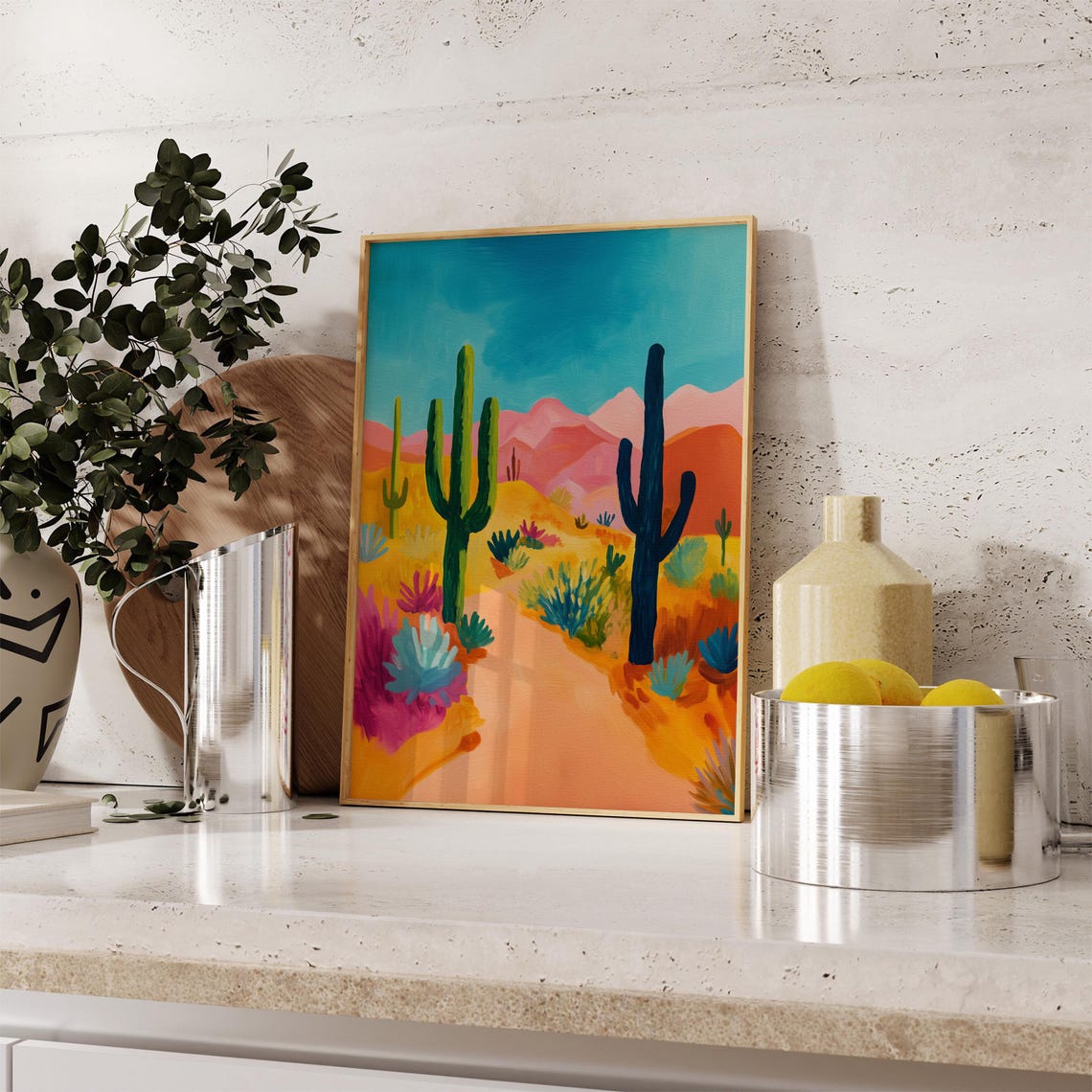 Bold Abstract Desert with Saguaro Cacti and Pink Mountains Poster - Image 2