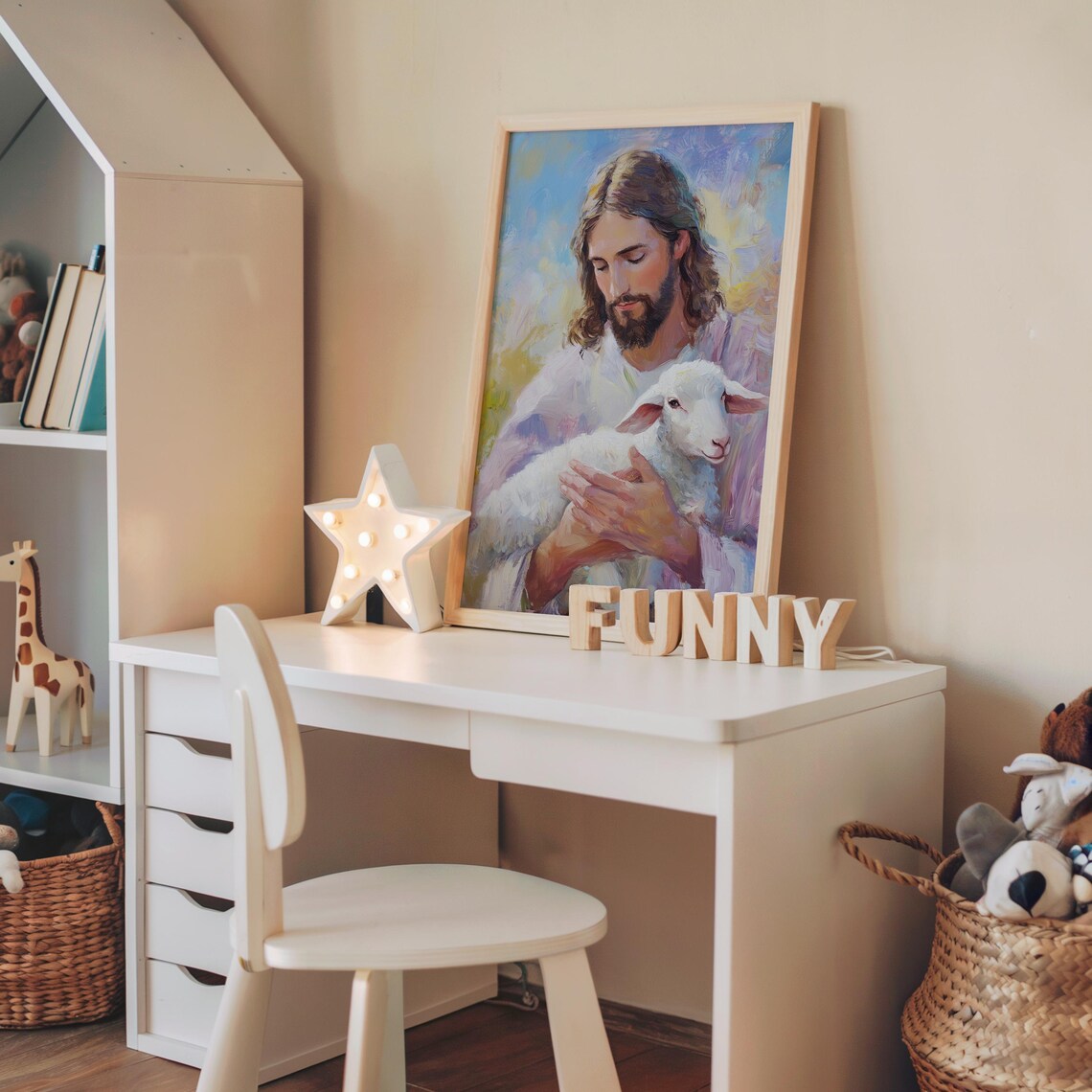 Colorful Jesus Holding Lamb Kids Nursery Christian Faith Art Poster - Image 2