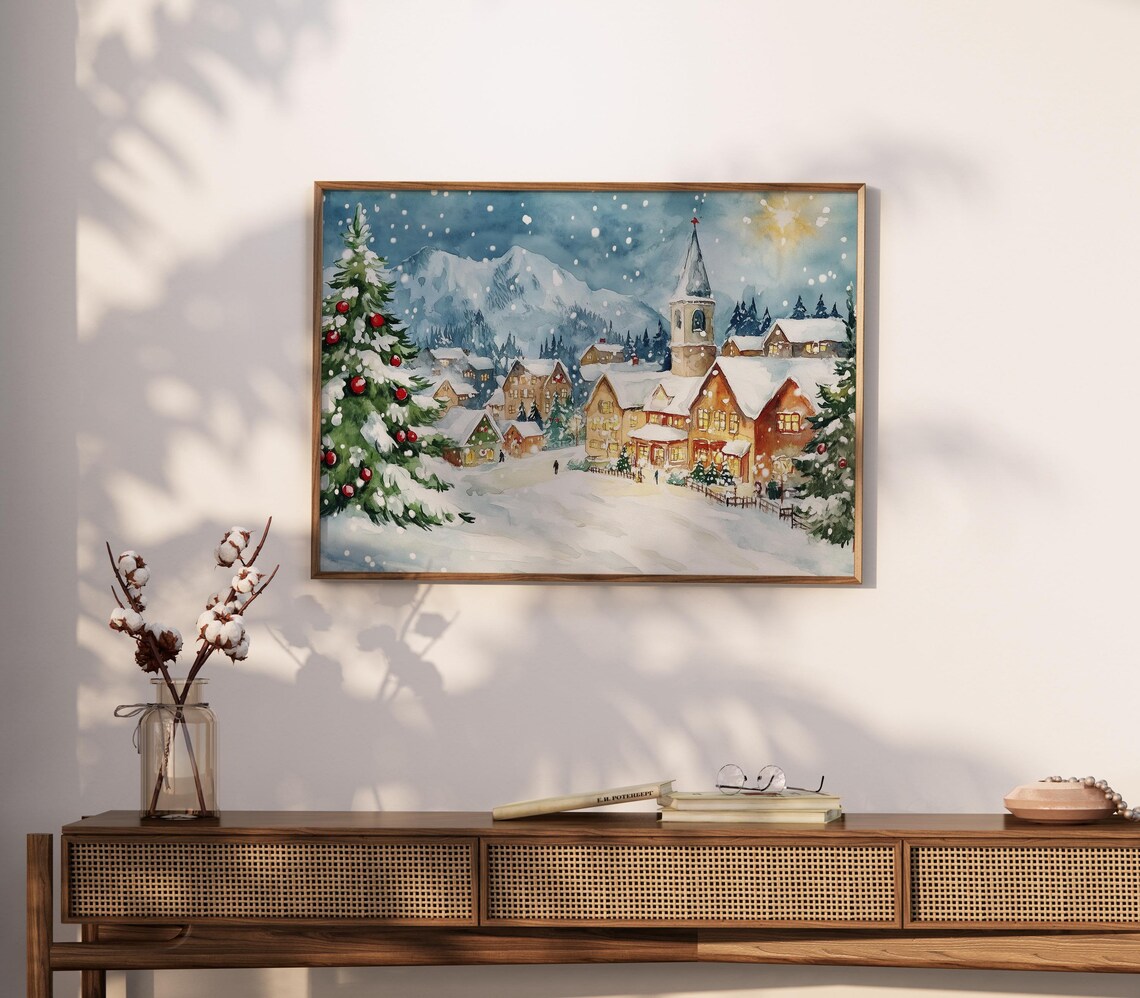Snowy Christmas Village with Church Steeple at Night Painting Poster - Image 5
