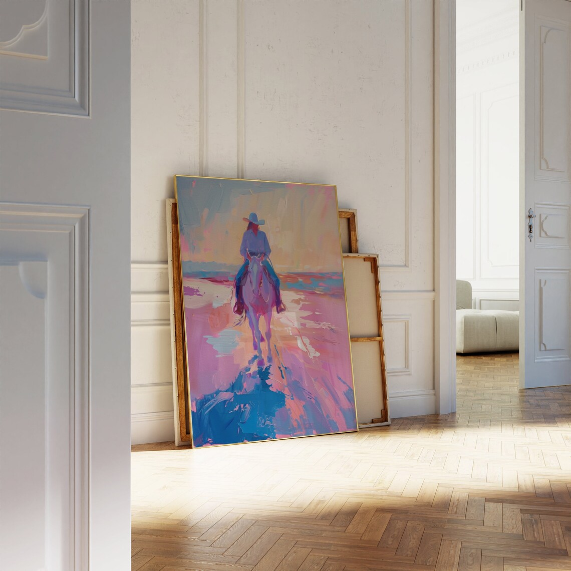 Pastel Cowgirl Riding Toward the Ocean at Sunset Painting Poster - Image 4