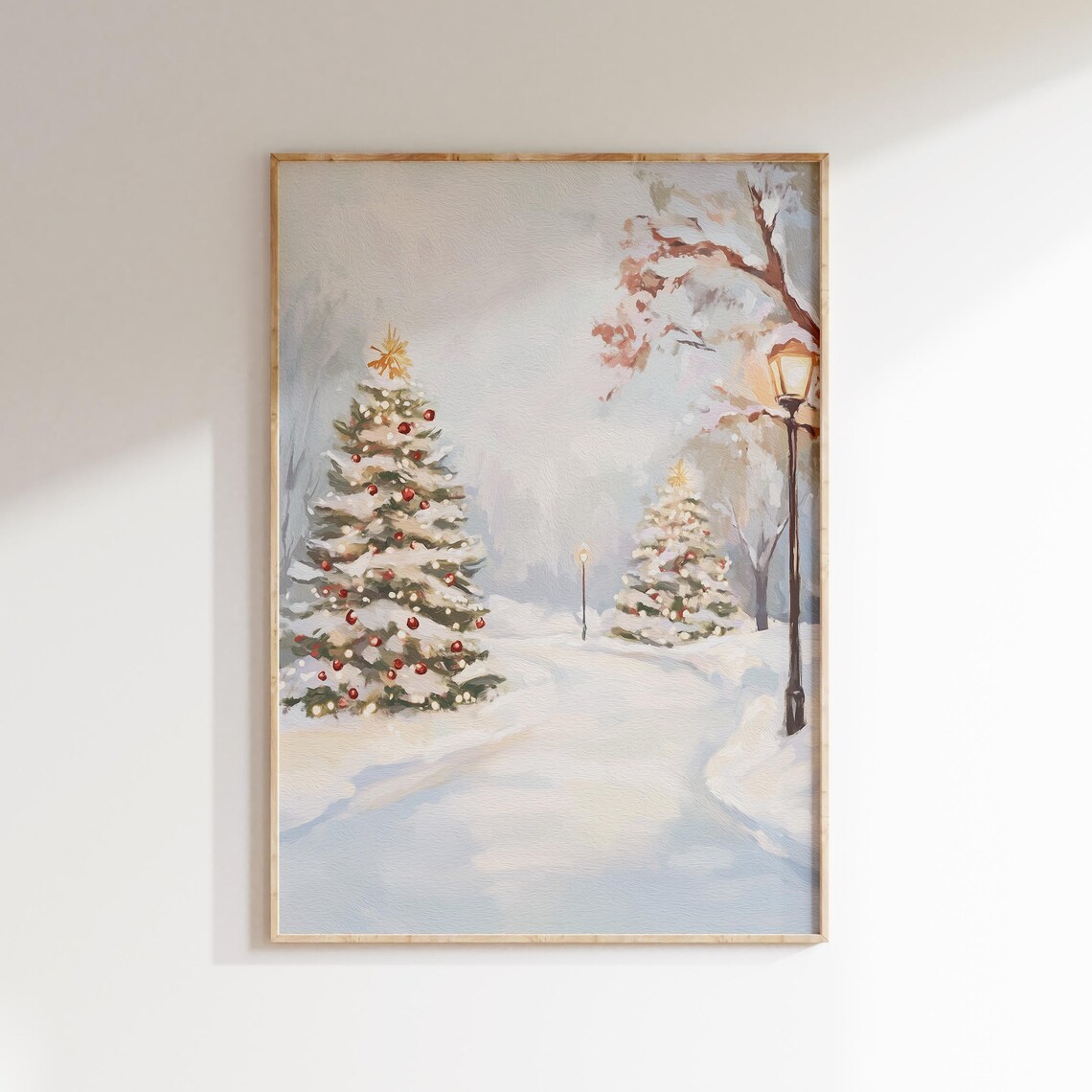 Christmas Trees on a Snowy Lamplit Winter Street Pastel Print - Image 3