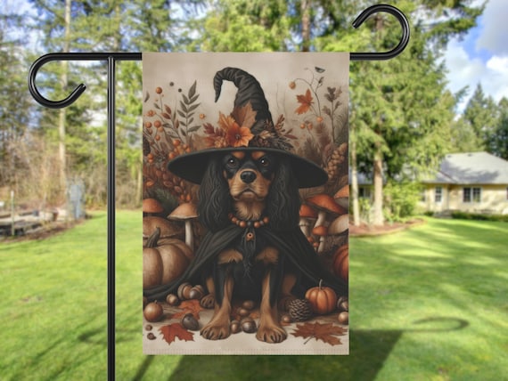 Black And Tan Cavalier King Charles Spaniel Fall Garden Flag Autumn Halloween Witch Yard Cottage Core Pumpkin Dog Mom