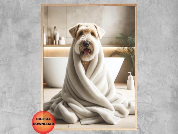 Wheaten Terrier Funny Bathroom Wall Art Wrapped In Towel Poster Kids Toilet Animal Decor Dog Lover Pet Gift