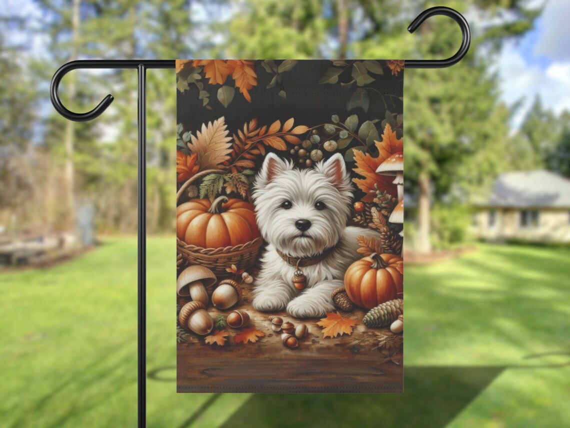 Fall Westie Garden Flag, Vintage Pumpkin Harvest Dog Art Print