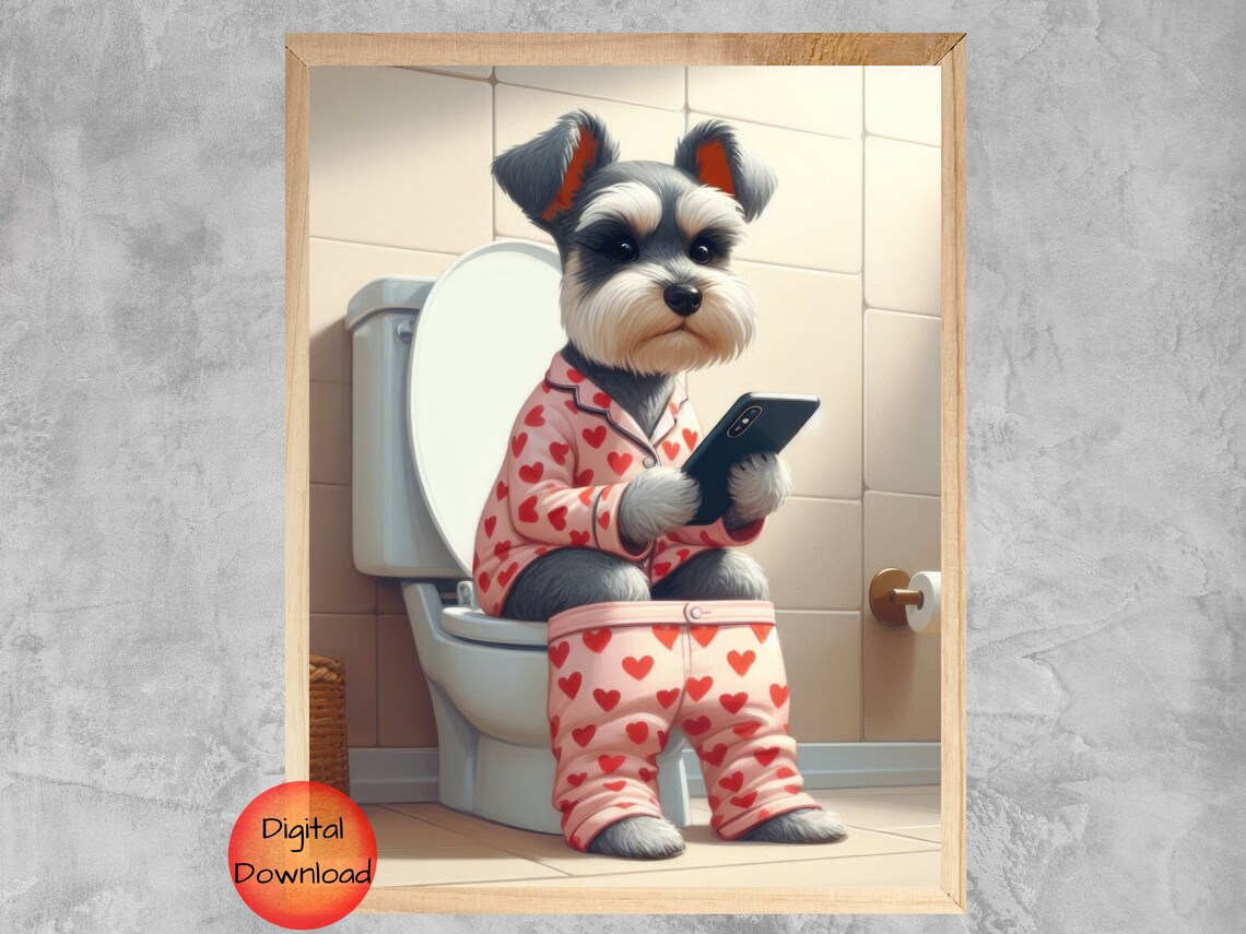 Mini Schnauzer On Toilet Funny Dog Bathroom Poster