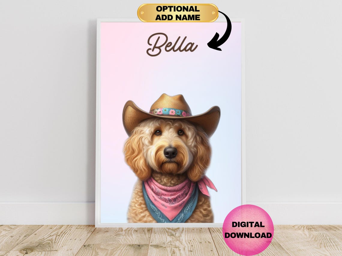 Goldendoodle Cowboy Hat Pink Bandana Personalized Name Dog Print