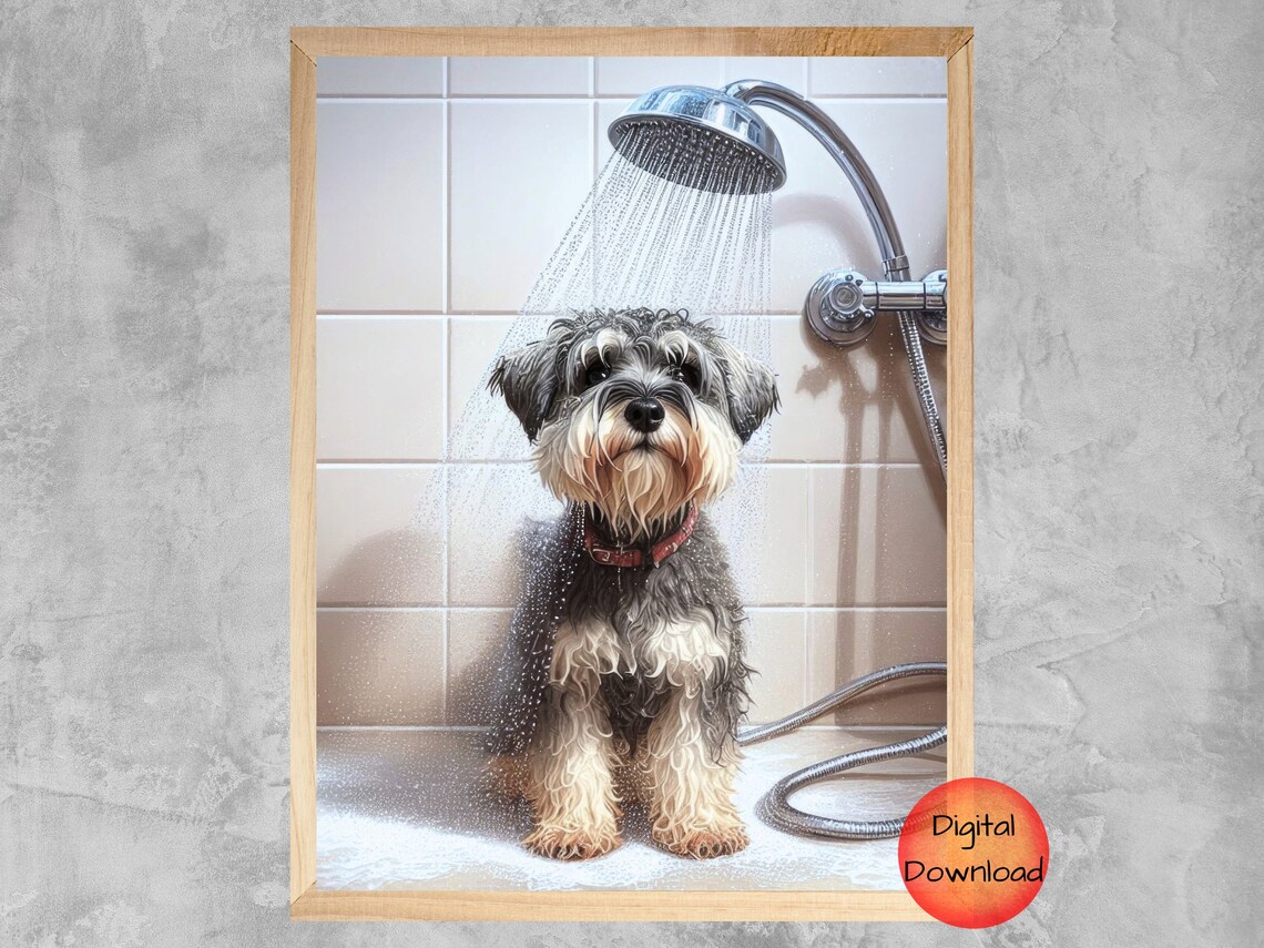 Mini Schnauzer Bathroom Humor Art Print, Pet Gift