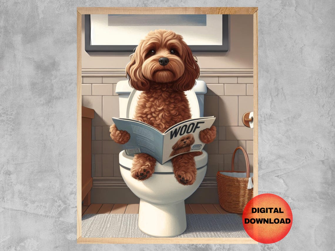 Cockapoo Reading Newspaper On Toilet Funny Dog Bathroom Humor Wall Art