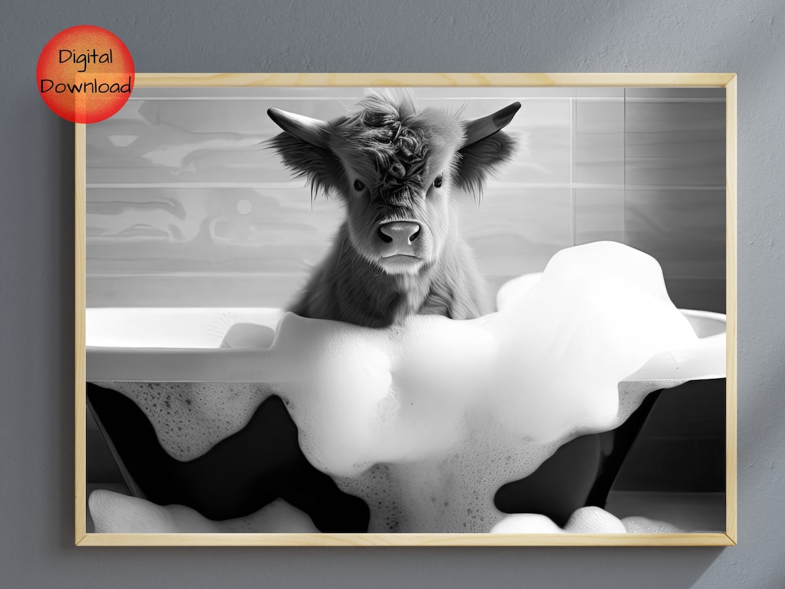 Baby Highland Cow Bathtub, Whimsical Bathroom Art Print